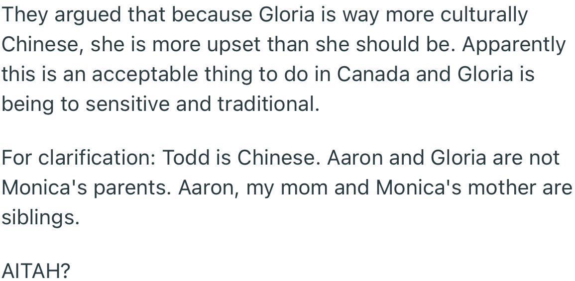 They argued that OP’s uncle’s wife (Gloria) was being too sensitive about something that’s not a big deal.