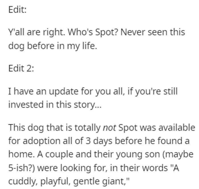 OP listened to the advice given to her by other Redditors, and she kept Spot