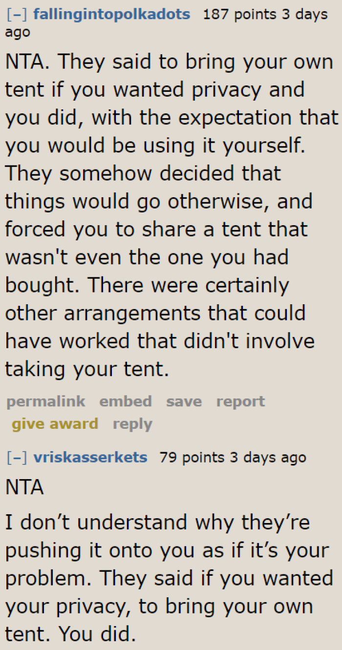 Redditors took the OP's side. They don't understand why the parents did this when they made it clear that bringing his tent was for his own privacy (not someone else's).