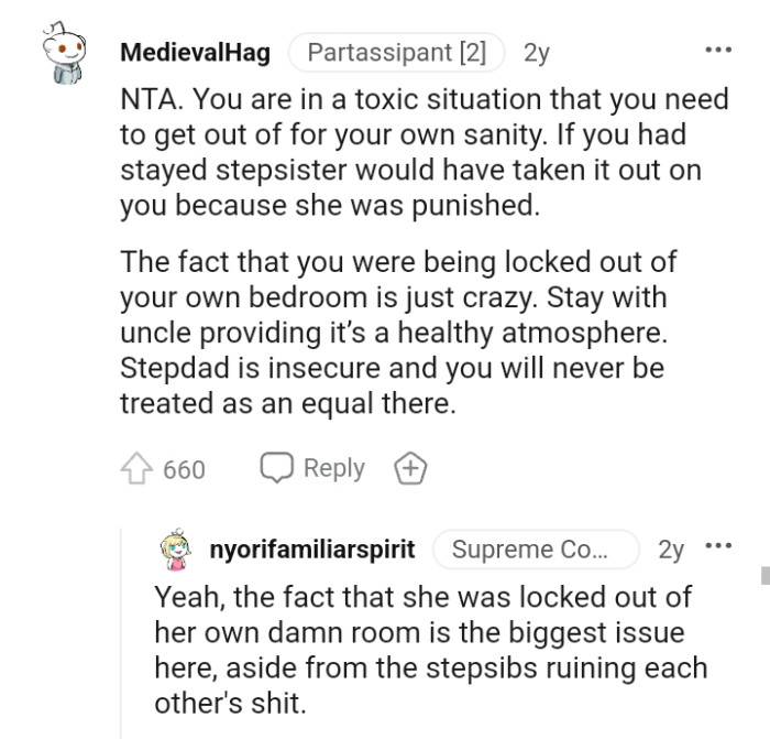 The fact that the OP was locked out of her own bedroom sounds crazy.