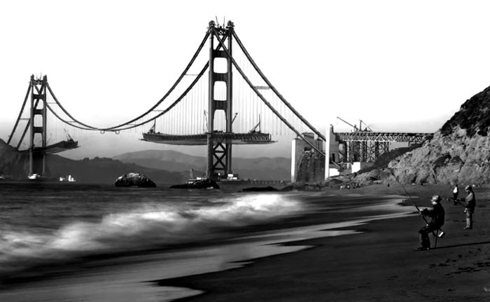 Fishermen On Baker Beach As The Golden Gate Bridge Is Under Construction, 1936