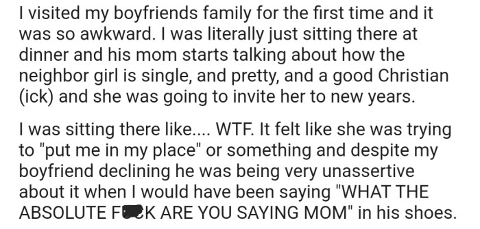 OP's boyfriend's mom tried setting him up with the next-door neighbor in her presence