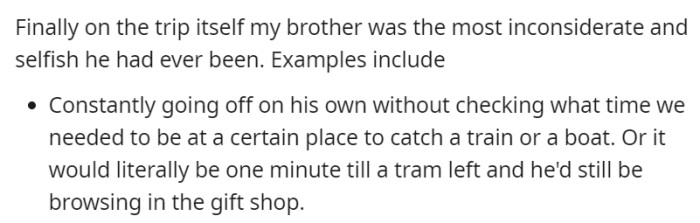 During the trip, their brother's selfishness reached unprecedented levels, regularly wandering off without regard for the group's schedule, leading to close calls with missed trains and boats due to last-minute gift shop browsing.