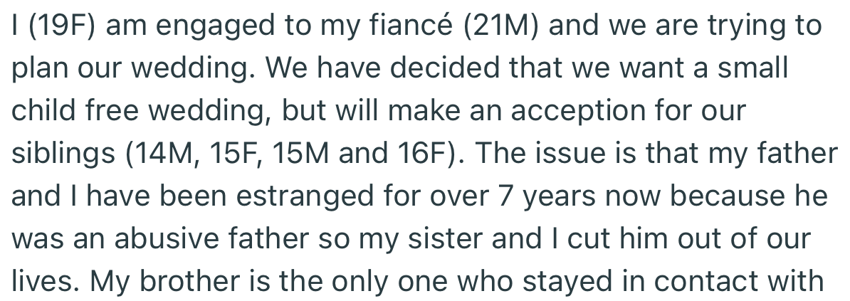 OP is gearing up for her wedding, and while her siblings can attend, her estranged dad is not invited