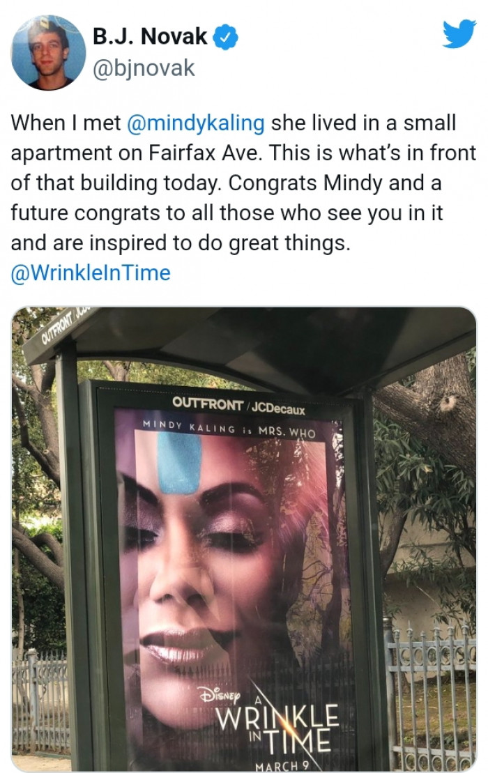 3. BJ Novak was so proud of Mindy Kaling that he posted this photo of her in front of the apartment where Mindy lived when they first met