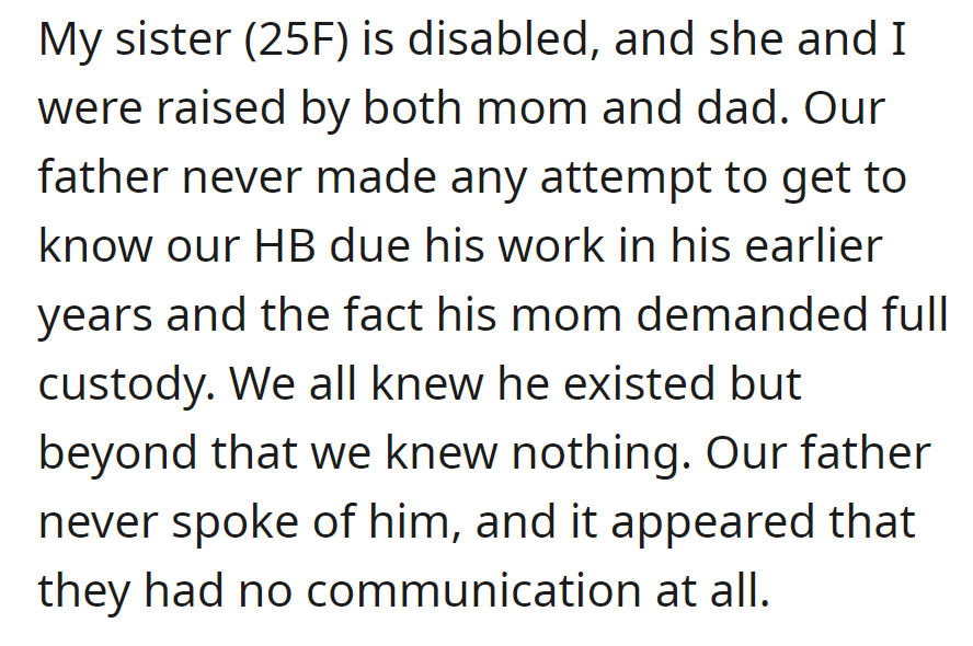 OP and his sister knew of the half-brother, but their dad had no communication due to work and custody issues.