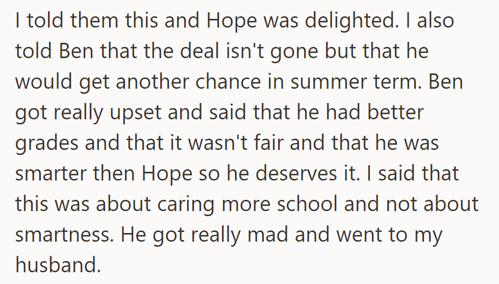 Hope's pleased, Ben protests grades and smarts. Effort emphasized, Ben leaves for his dad.