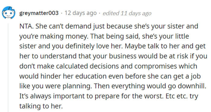 Being successful in business doesn't make the older sister a cash cow.