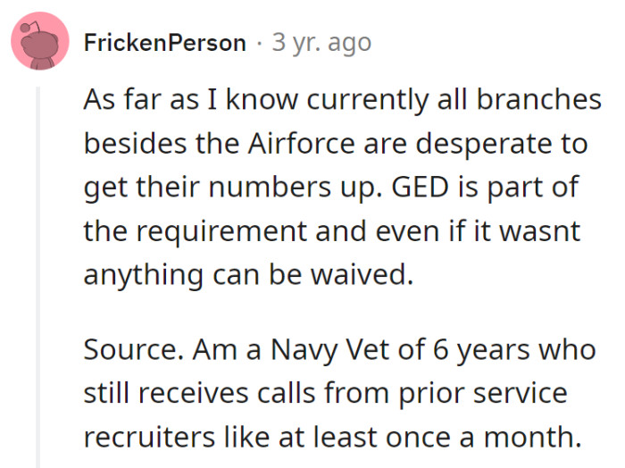 Military's numbers game: GED's just a plot twist. They'd probably waive juggling skill.