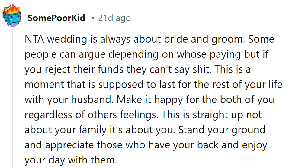 It's their day, not the funders'. Reject their money, make it about happiness.
