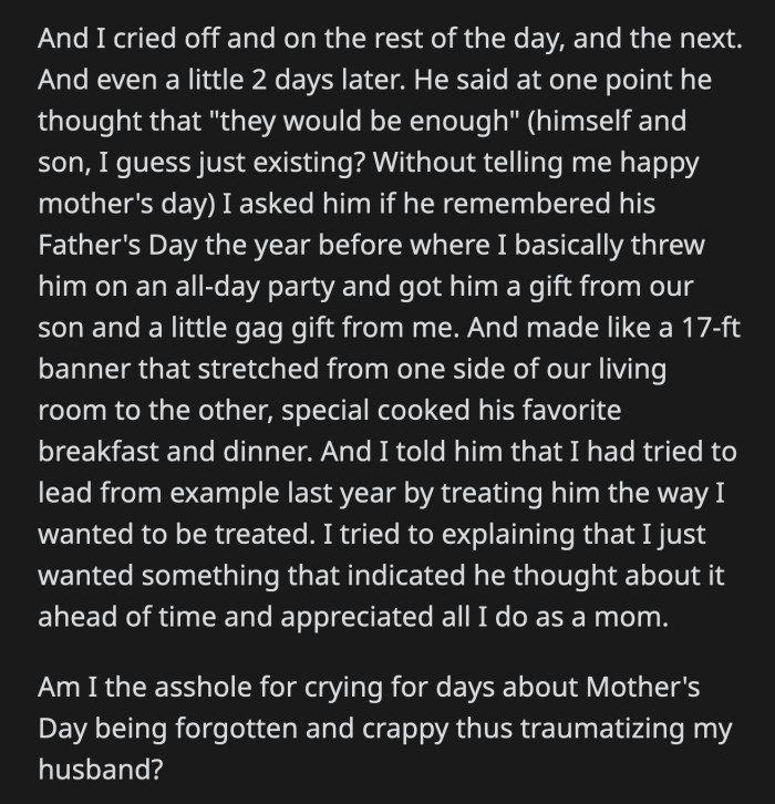 OP cried for a few days out of disappointment