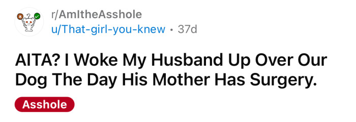 The OP asked if she's an a**hole for waking up her husband because of their dog.