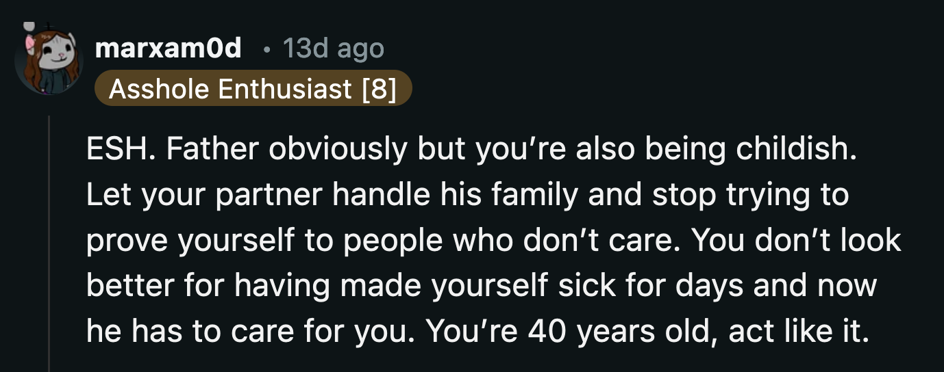 OP could have eaten an entire vat of the inedible hellfire his father-in-law concocted, and it wouldn't have improved their opinion of him.