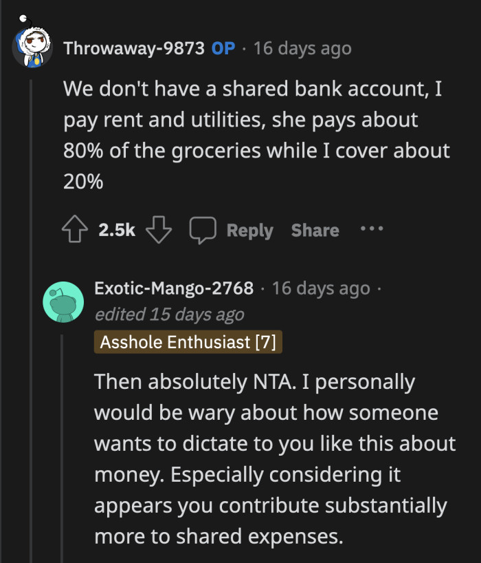 Why does his girlfriend think she can control how OP spends his own money anyway?