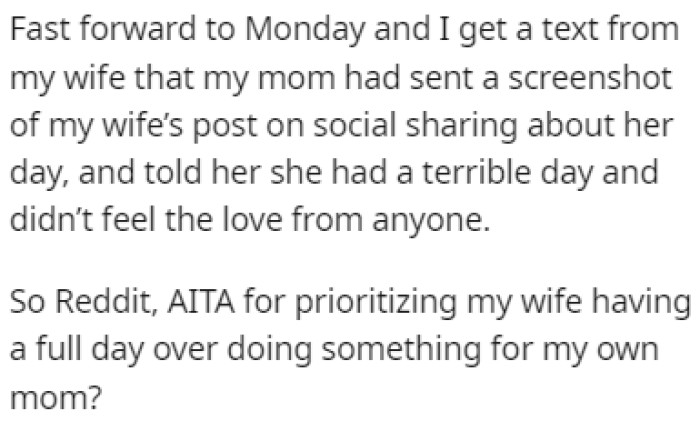 OP's mom complained on social media that she had a terrible Mother's Day