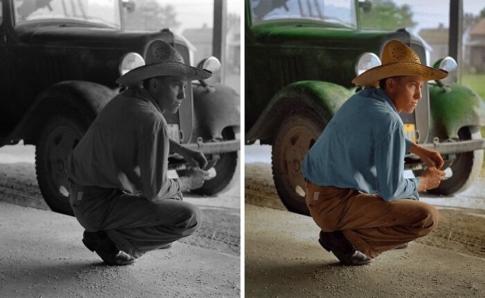 Farmer’s truck at state rice mill, Abbeville, Louisiana. Photographed by Russell Lee in September 1938.