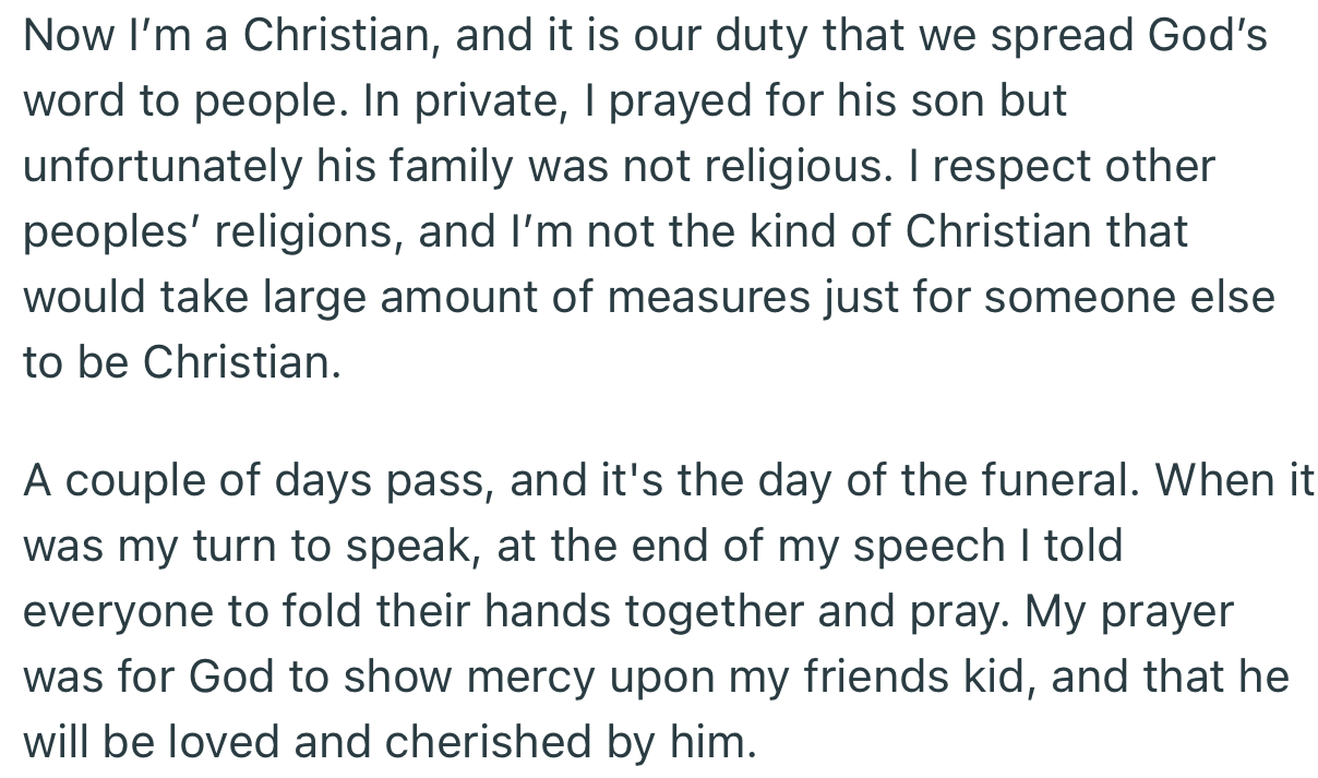 When it was OP’s turn to speak at the funeral, she offered some words of prayer for her colleague's late son