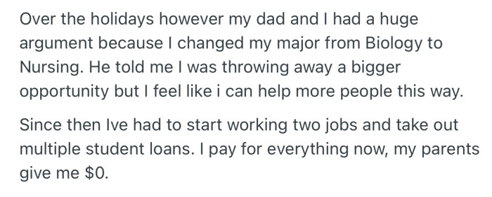 Recently, OP changed her major from Biology to Nursing. This triggered a major argument with her parents, and now, they’ve stopped paying her bills