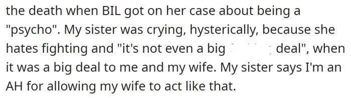 The OP supported his wife, but the BIL called her a psycho, and the OP's sister told him he was in the wrong:
