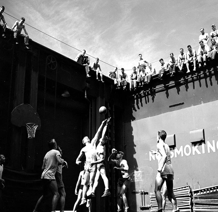 Navy Pilots Playing Basketball In The Forward Elevator Well Aboard Uss Monterey The Jumper Of The Left Is Future U. S. President Gerald Ford, 1944