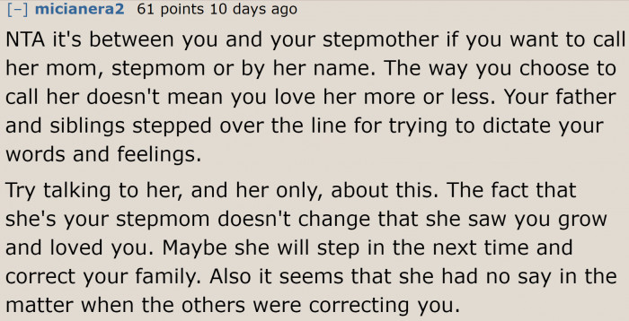 Another redditor agrees talking to the stepmom is the way to get through his disrespectful family.
