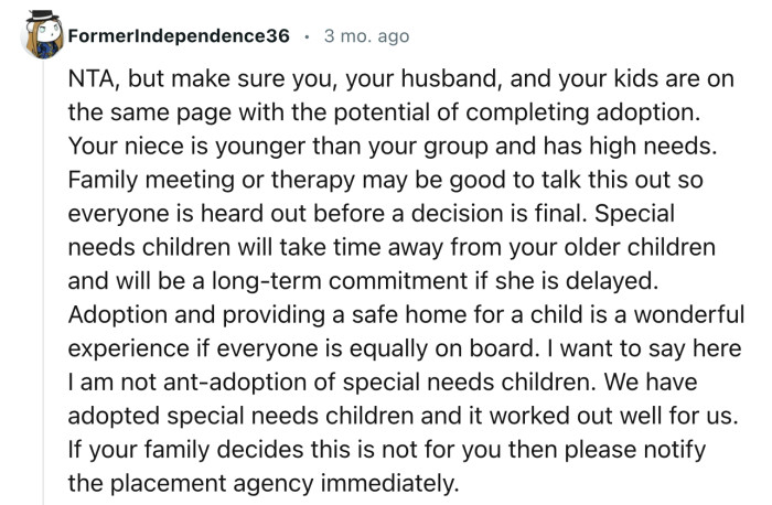 “NTA, but make sure you, your husband, and your kids are on the same page regarding the potential of completing the adoption.”