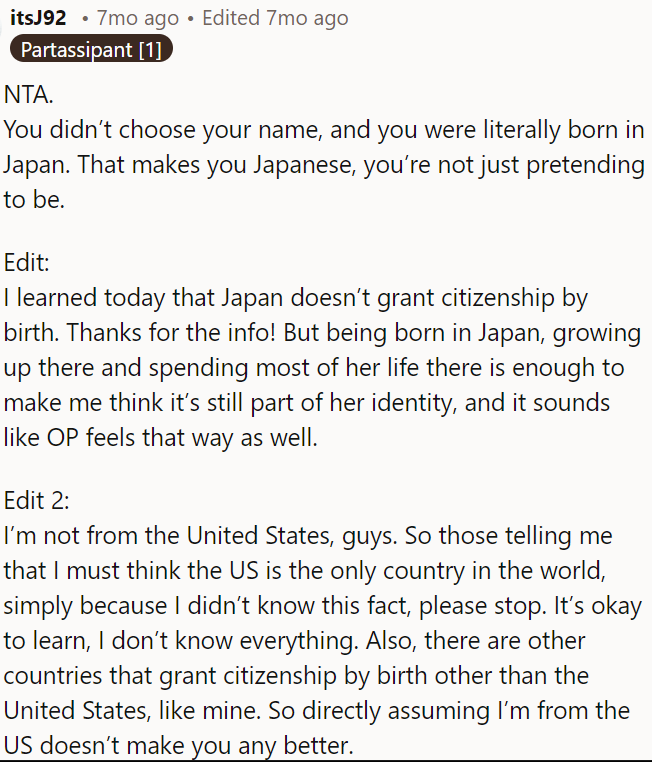 OP was born in Japan, so she is 