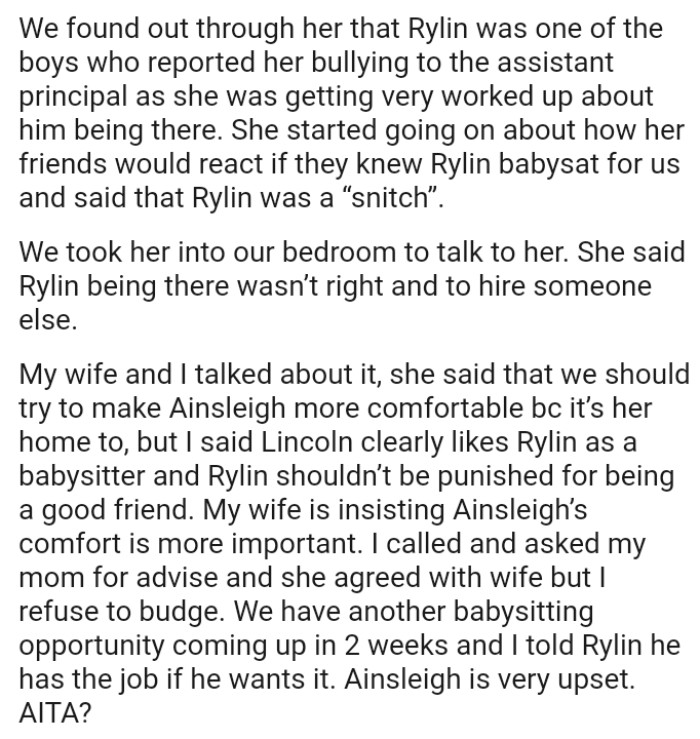 Wife says we should try to make their daughter more comfortable because it’s her home too