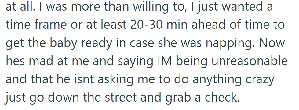 She wanted a heads-up for the baby but was called unreasonable for just grabbing a check down the street.