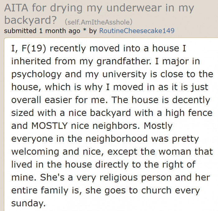 A 19-year-old university student inherited a house with a backyard from her grandfather.