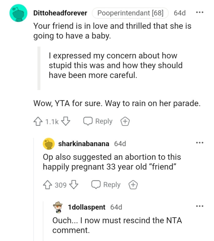 OP's friend is thrilled to be expecting a baby