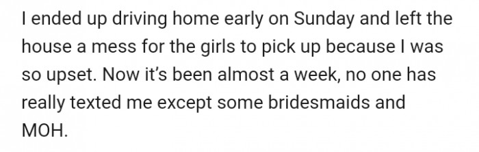 OP left the venue early the next day, upset and disappointed. To add salt to injury, she revealed that most of her friends hadn't reached out to her a week after the disastrous party