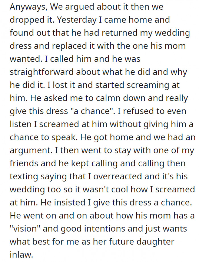 Their argument was dropped, but when OP came home one day, it seemed like some people talked among themselves and decided on her behalf. When she got mad, he said she was overreacting. OP is the one wearing the dress; why would his mom — and he — be the ones deciding which one she should get and wear?