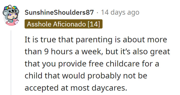 Parenting's a full-time gig, but OP's free childcare creates a special, accepting haven for the child. It's more than just babysitting.