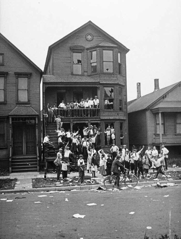 "School Children Outside of Black Families' Homes That They Had Vandalized and Set Fire to During Chicago's Red Summer of 1919."