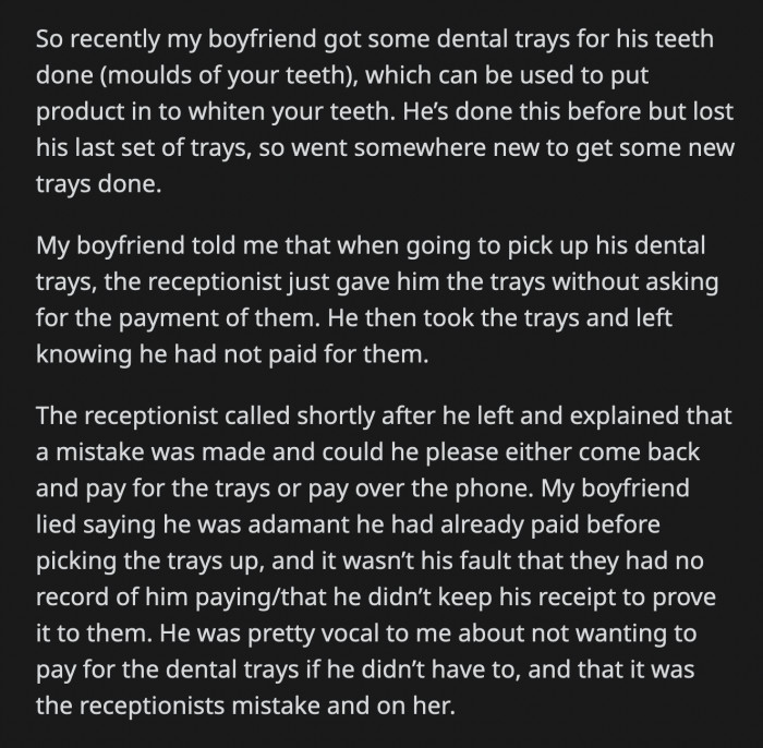 OP was bothered by how easily he lied. He didn't care that the receptionist could get in real trouble or lose her job. He wasn't losing cash over this since he would have had to pay anyway, but he still lied.