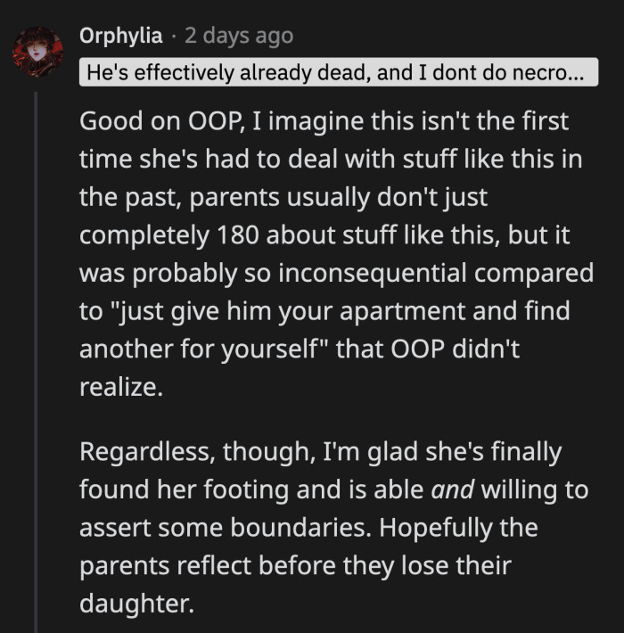 If her parents learn nothing, OP's contact with them will cease completely