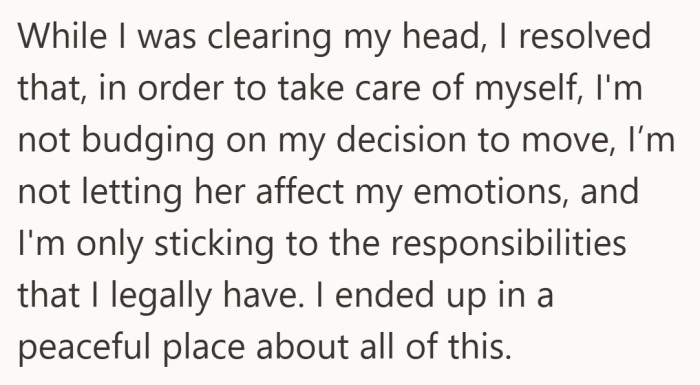After the chaos, she narrows her focus to what she can control. Peace arrives through limits, not resolution.