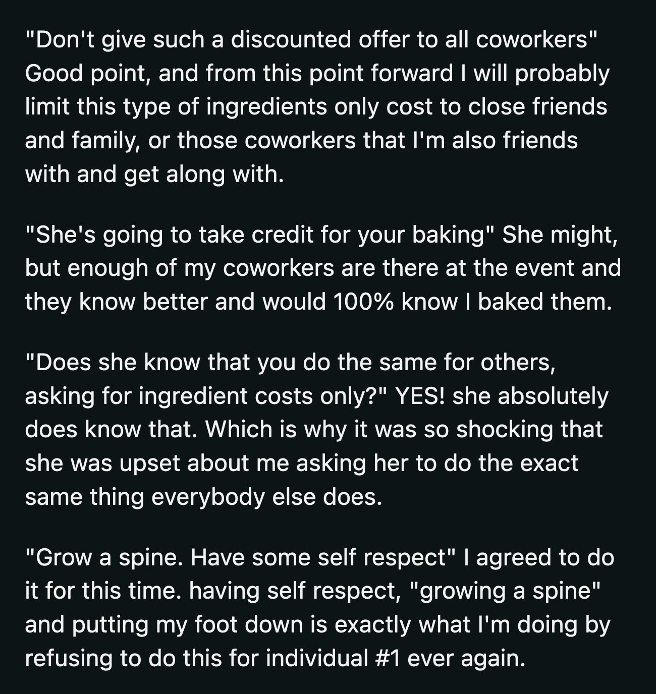 OP is rethinking whether he should limit charging just for ingredients to close family, friends, and coworkers.