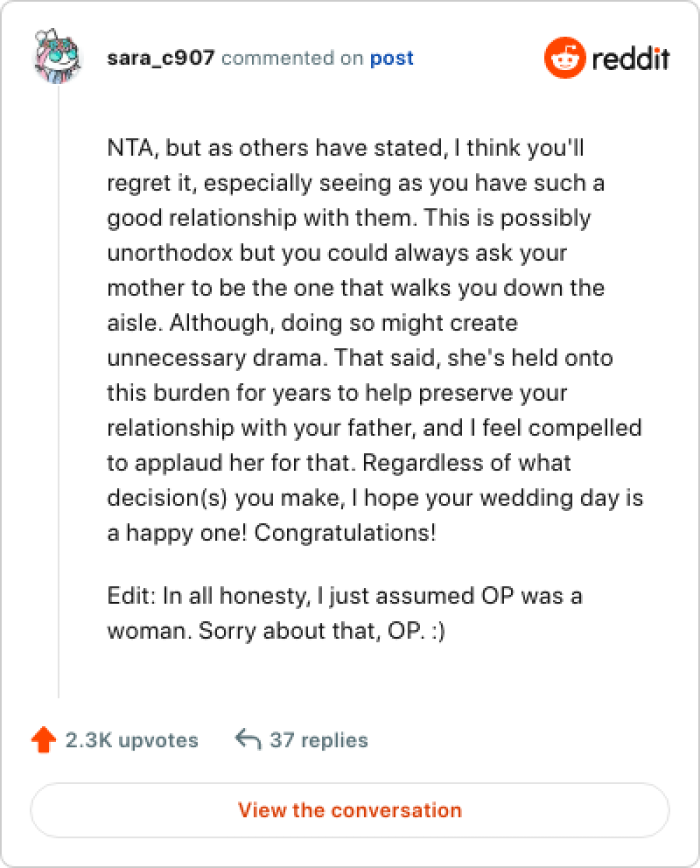 OP should contemplate the idea of having her mother accompany her down the aisle.