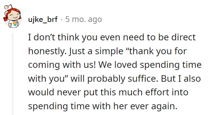 A simple 'Thank you for joining us on the outing! Quality time was enjoyed by all,' gracefully closing the chapter.