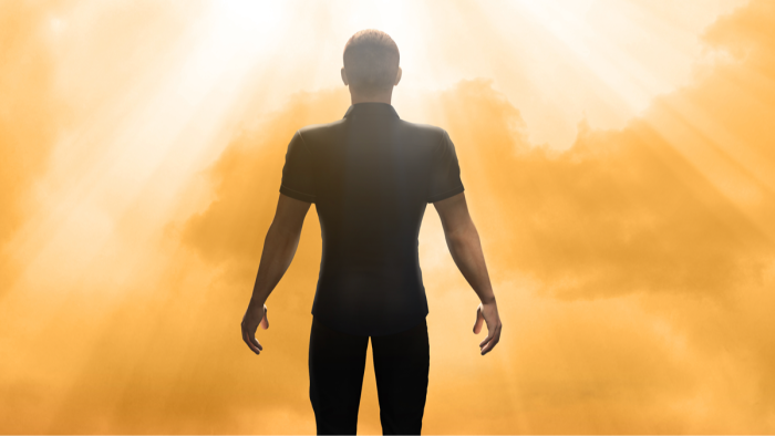 Individual grounded in physical reality, contrasting freedom and weight after near-death