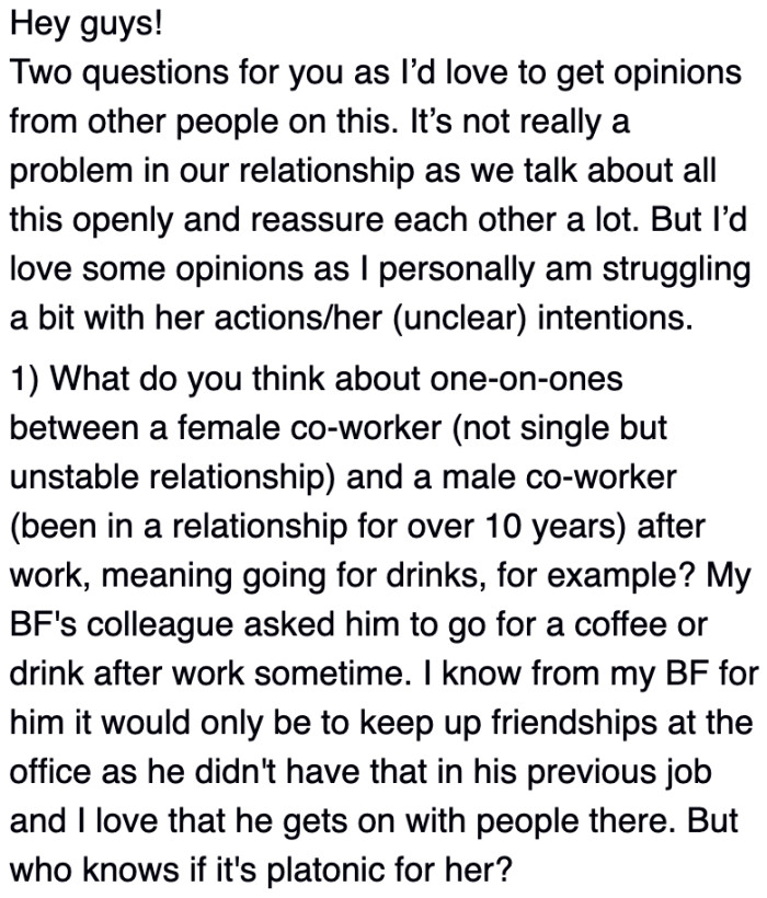 The woman invites the OP's boyfriend for one-on-one drinks.