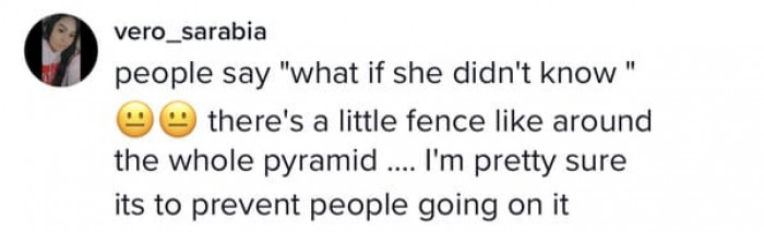 There is a fence around the pyramid, so it is highly unlikely she wasn't aware of the climbing ban