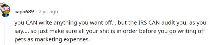 The bottom line is - you can write off anything you want, but if it arouses suspicion, you are in trouble