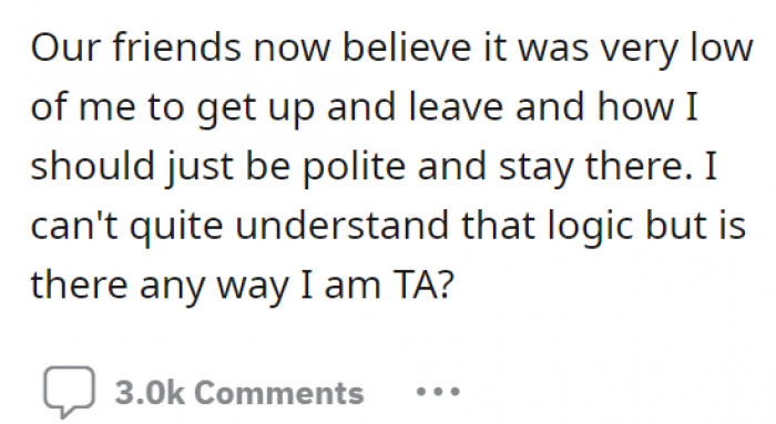 Having no meal to eat and a selfish boyfriend, OP walked out of the restaurant. However, their friends believe that she was the one at fault for leaving.