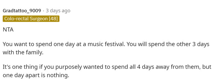Most people agreed that OP was NTA because it's not too bad that he's missing just one day with his girlfriend's parents.
