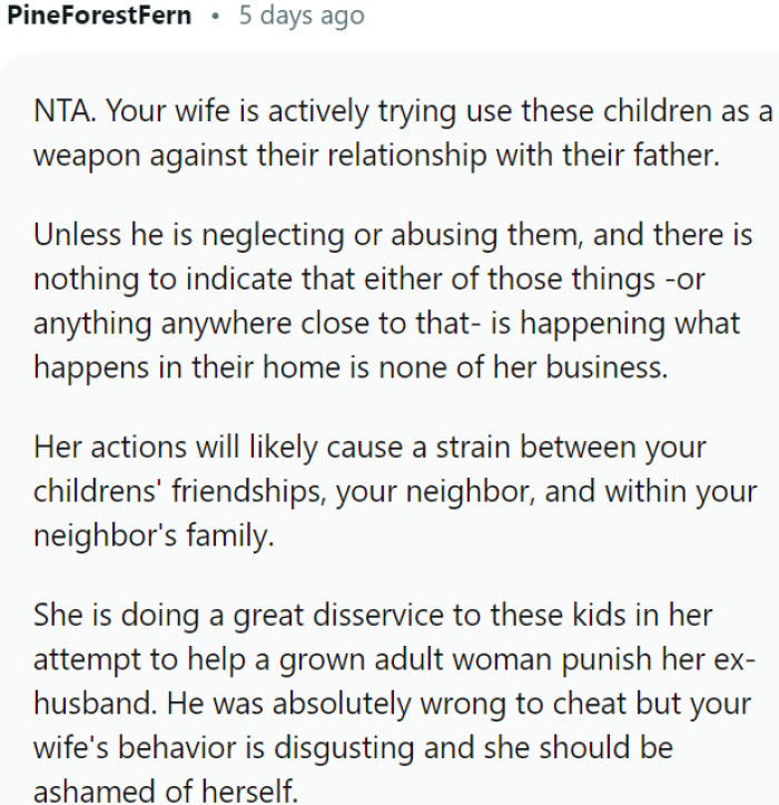 Wife's intrusive actions are jeopardizing children's relationships and causing harm