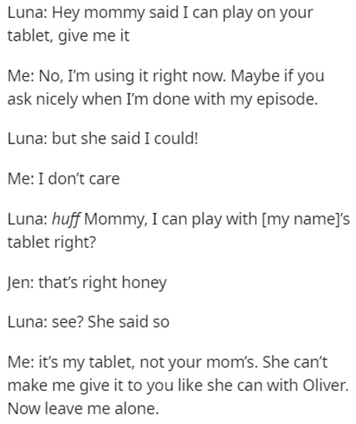 OP's aunt told her daughter that she can use his tablet