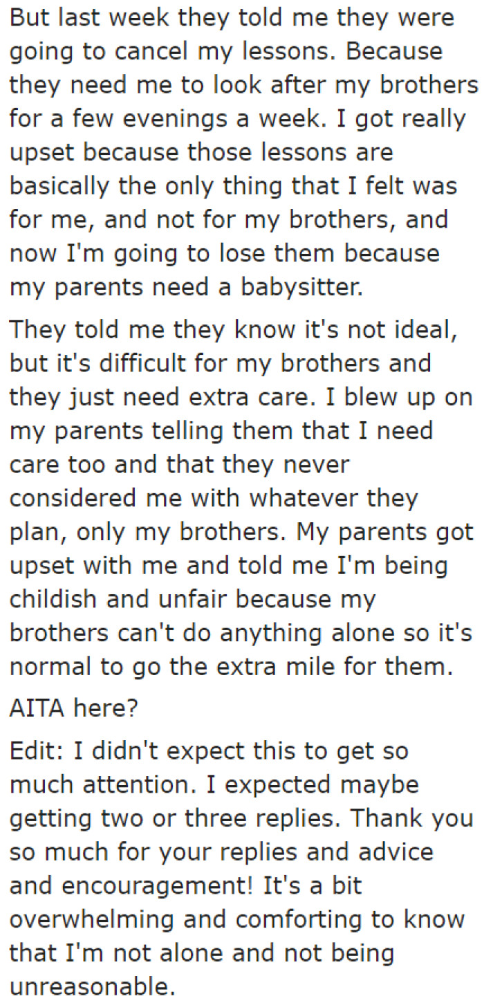 One day, she was informed that she would not be attending her lessons because she needed to watch over her older siblings.